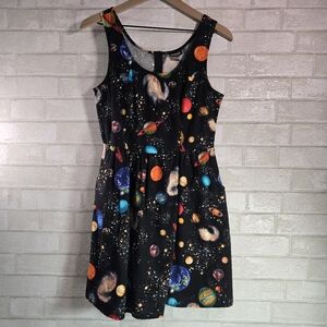 Retrolicious Dress Black Space Planets Sleeveless Fit Flare Pockets Cotton Med.